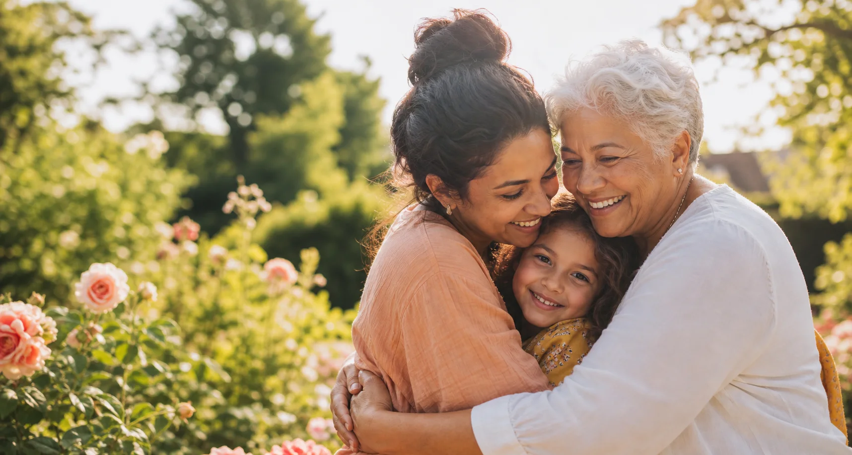 Three generations of a family smiling and hugging in a sunny garden